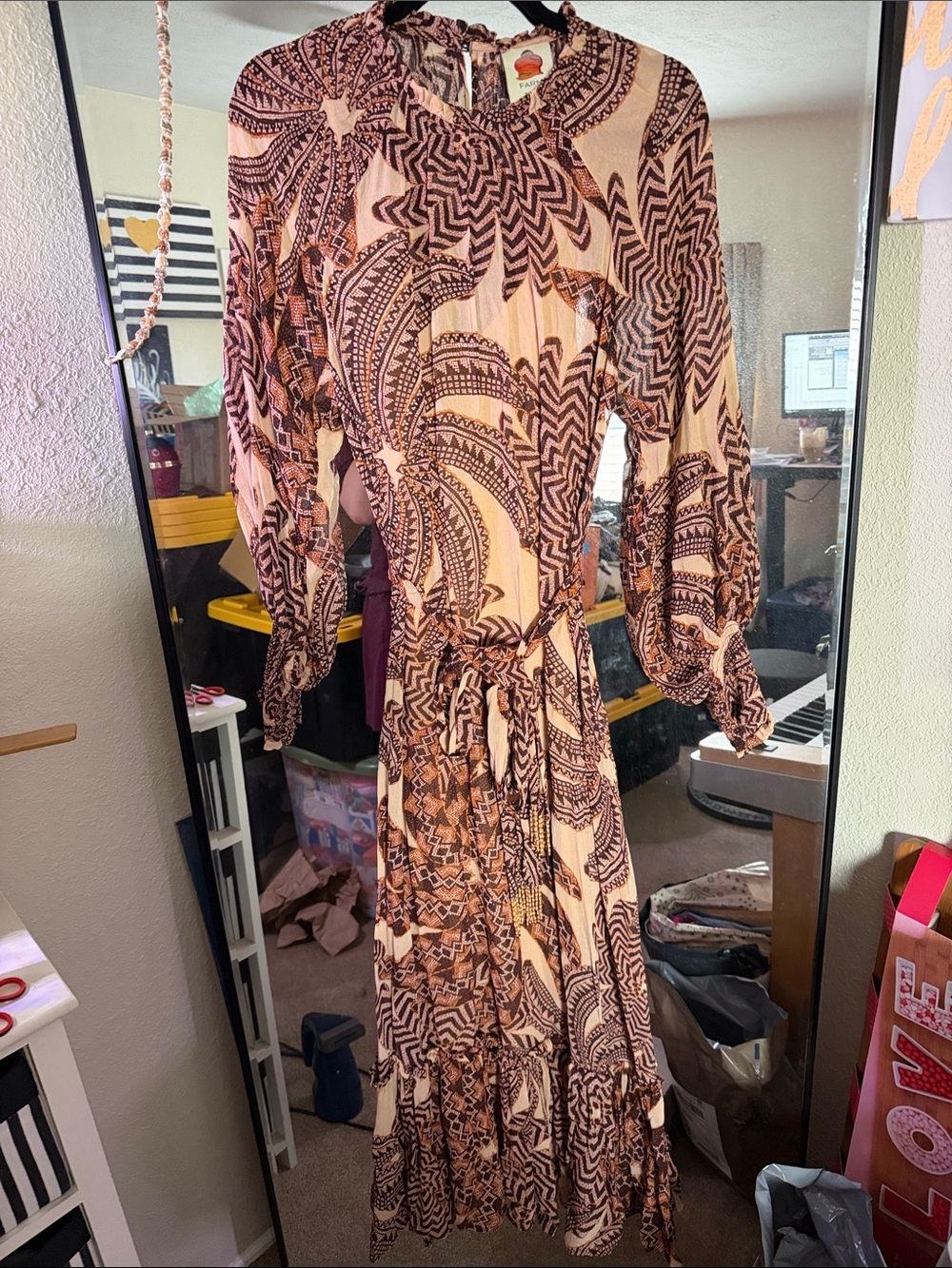 FARM Rio Beige and Brown Printed Long Sleeve Maxi Dress